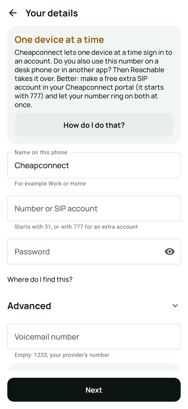 The Your details screen with the One device at a time note and the number and password fields.