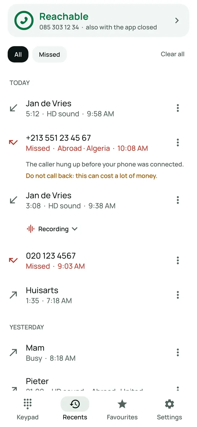 Recent calls with a missed call from Algeria and the warning Do not call back: this can cost a lot of money.
