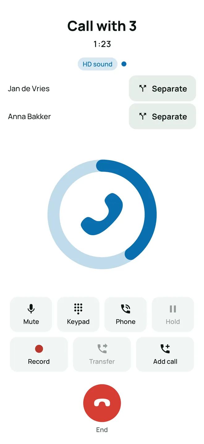 Call with 3: Jan de Vries and Anna Bakker, each with a Separate button.